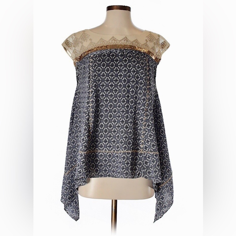 Anthropologie Floreat Blue and Gold Patterned Blouse